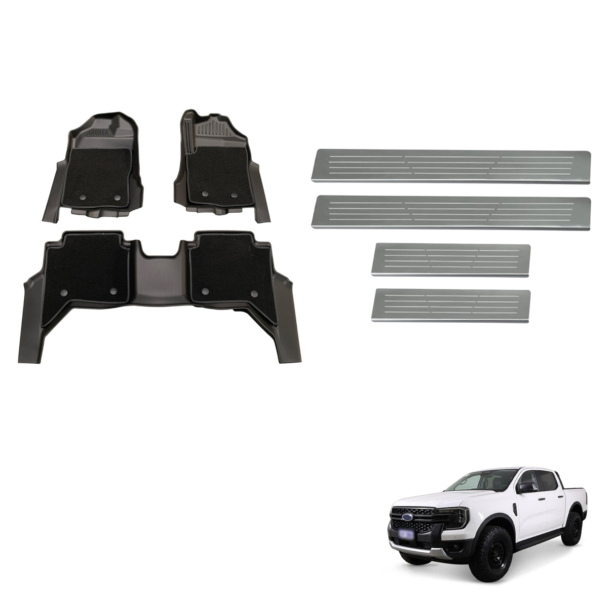 Double-Layer Floor Mats & Door Sill Protector for Ford Ranger Next-Gen Dual Cab 2022-Onwards