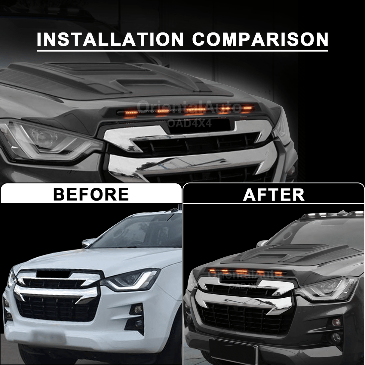 Bonnet Protector with LED Lights for ISUZU DMAX D-MAX 2020-Onwards