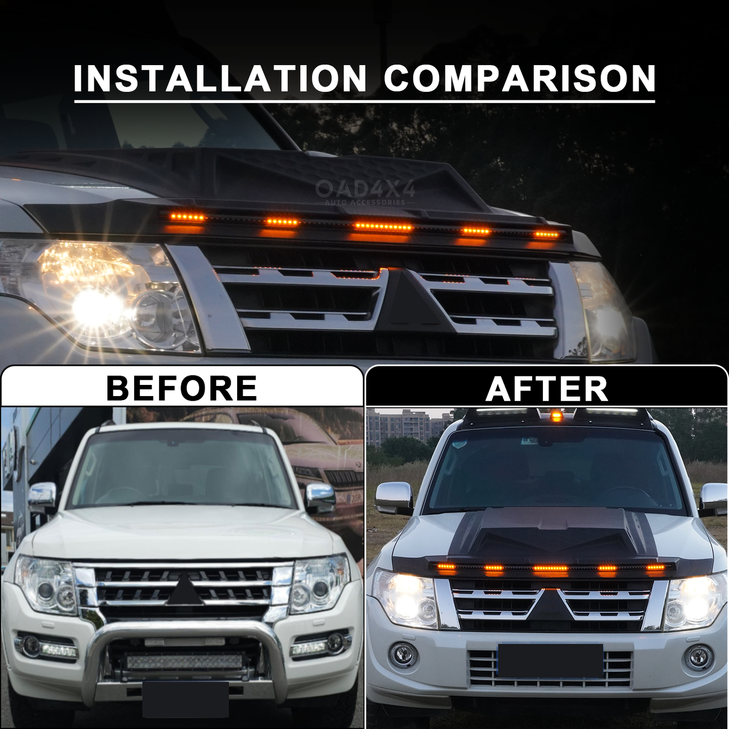 LED Light Bonnet Protector for Mitsubishi Pajero 2007-2020