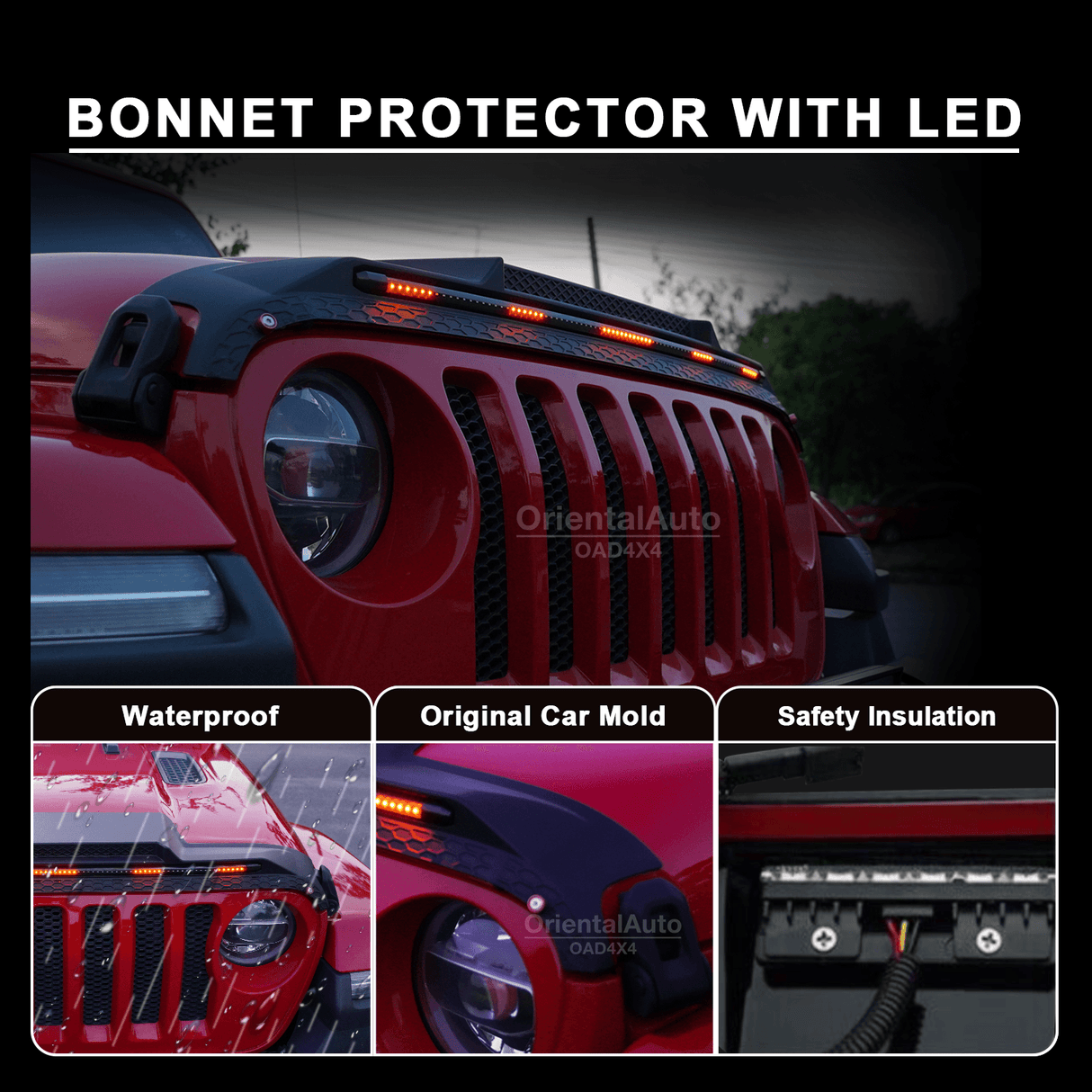 Bonnet Protector with LED Lights for Jeep Wrangler JL 4D 2018-Onwards