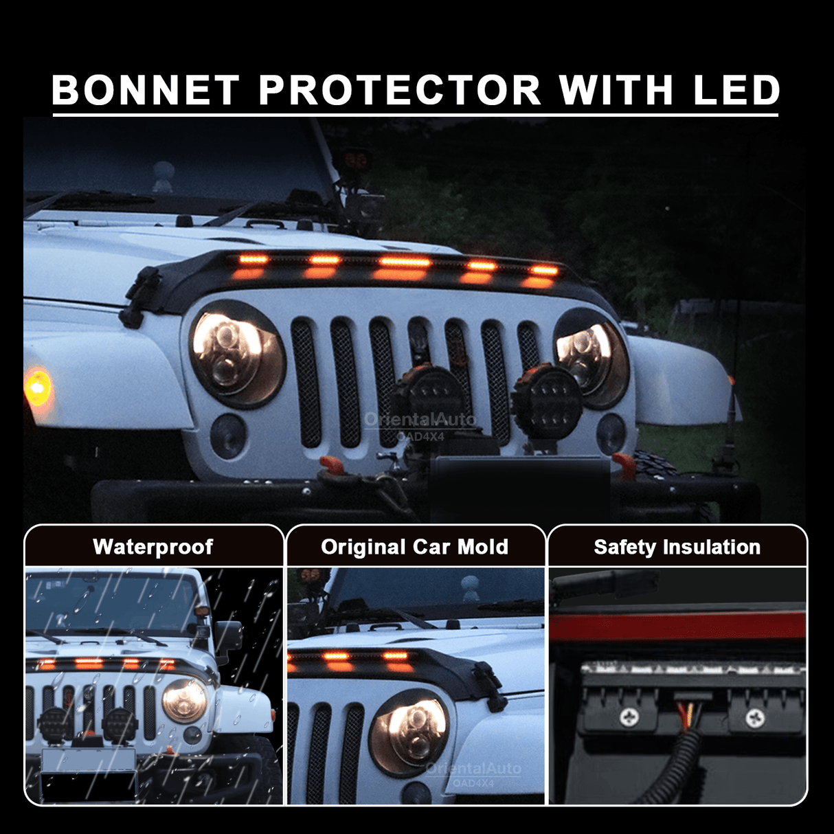 Bonnet Protector with LED Lights for Jeep Wrangler JK 4D 2007-2018