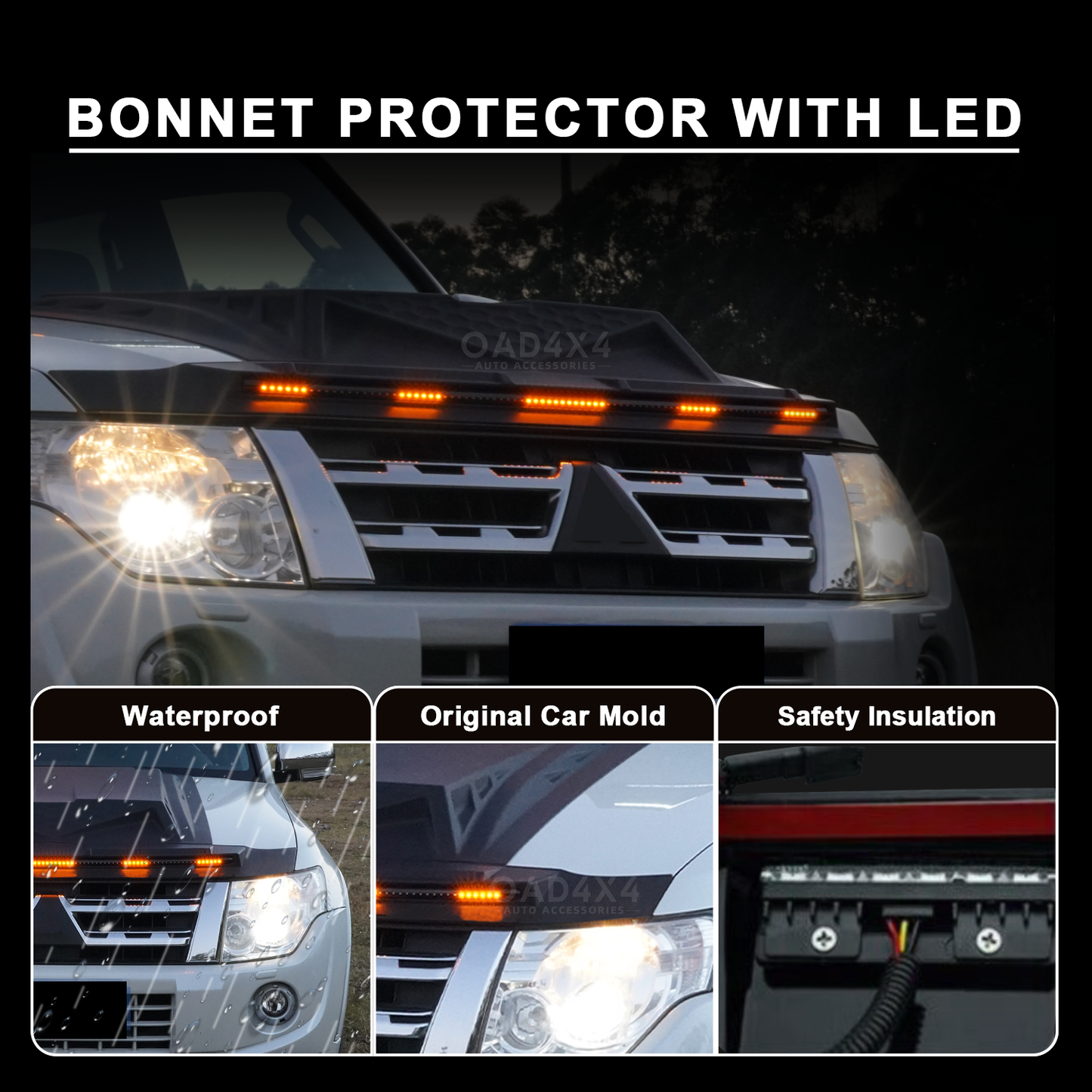 LED Light Bonnet Protector for Mitsubishi Pajero 2007-2020