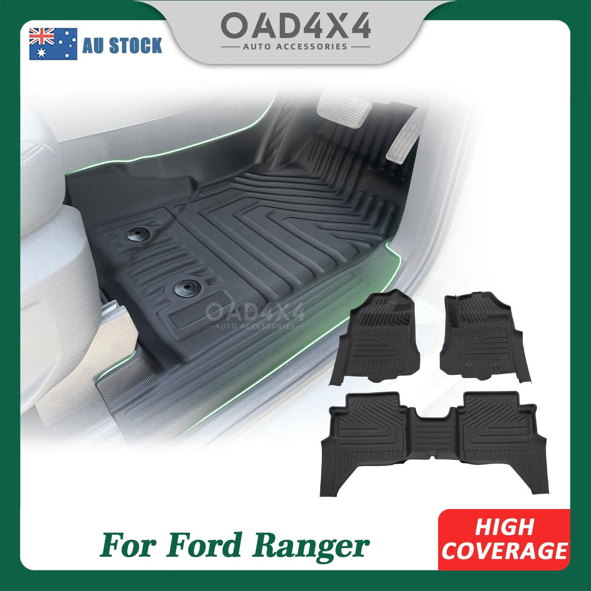 5D TPE Car Floor Mats for Ford Ranger Dual Cab 2022-Onwards