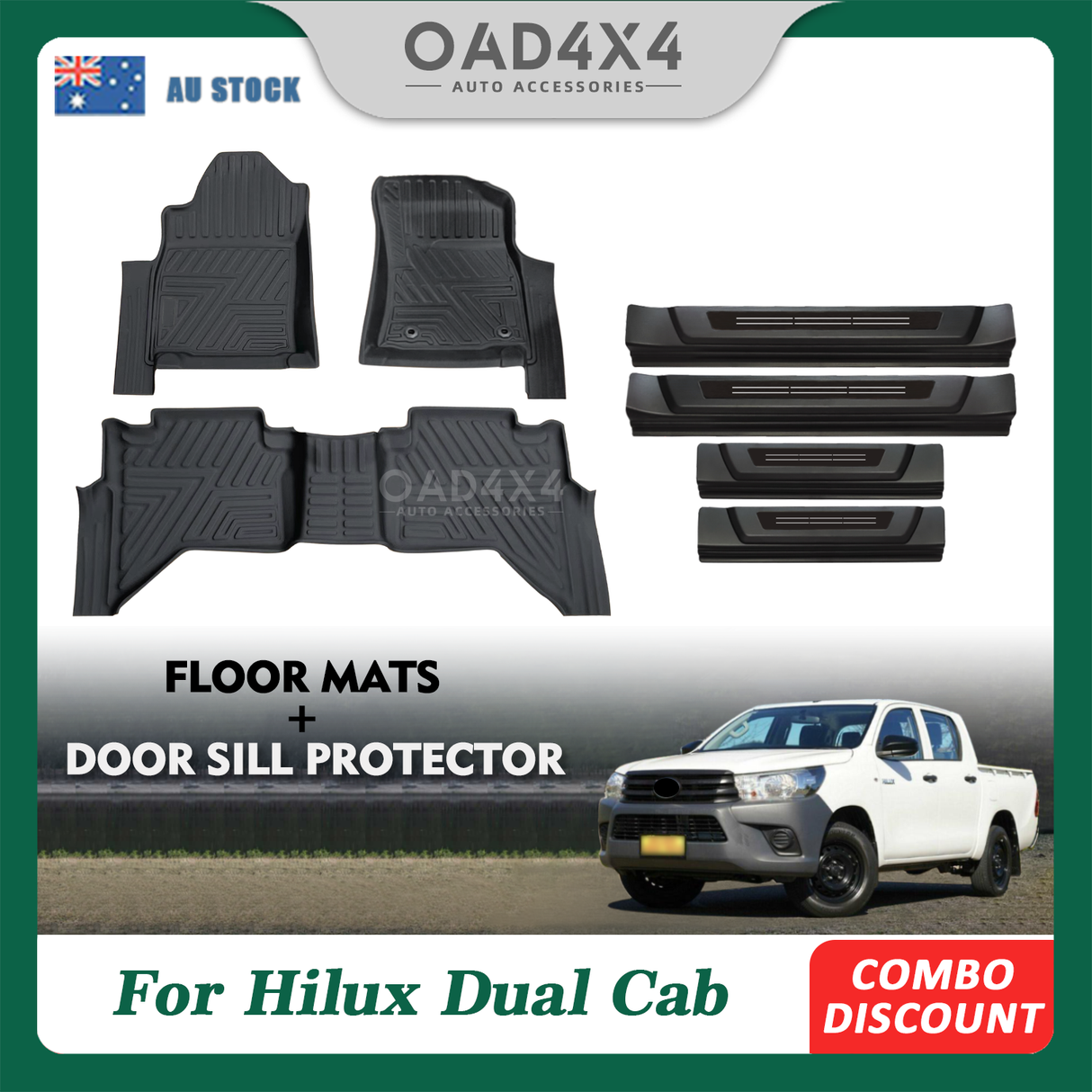 Floor Mats & Door Sill Protector for Toyota Hilux Manual Transmission Dual Cab 2015-2024