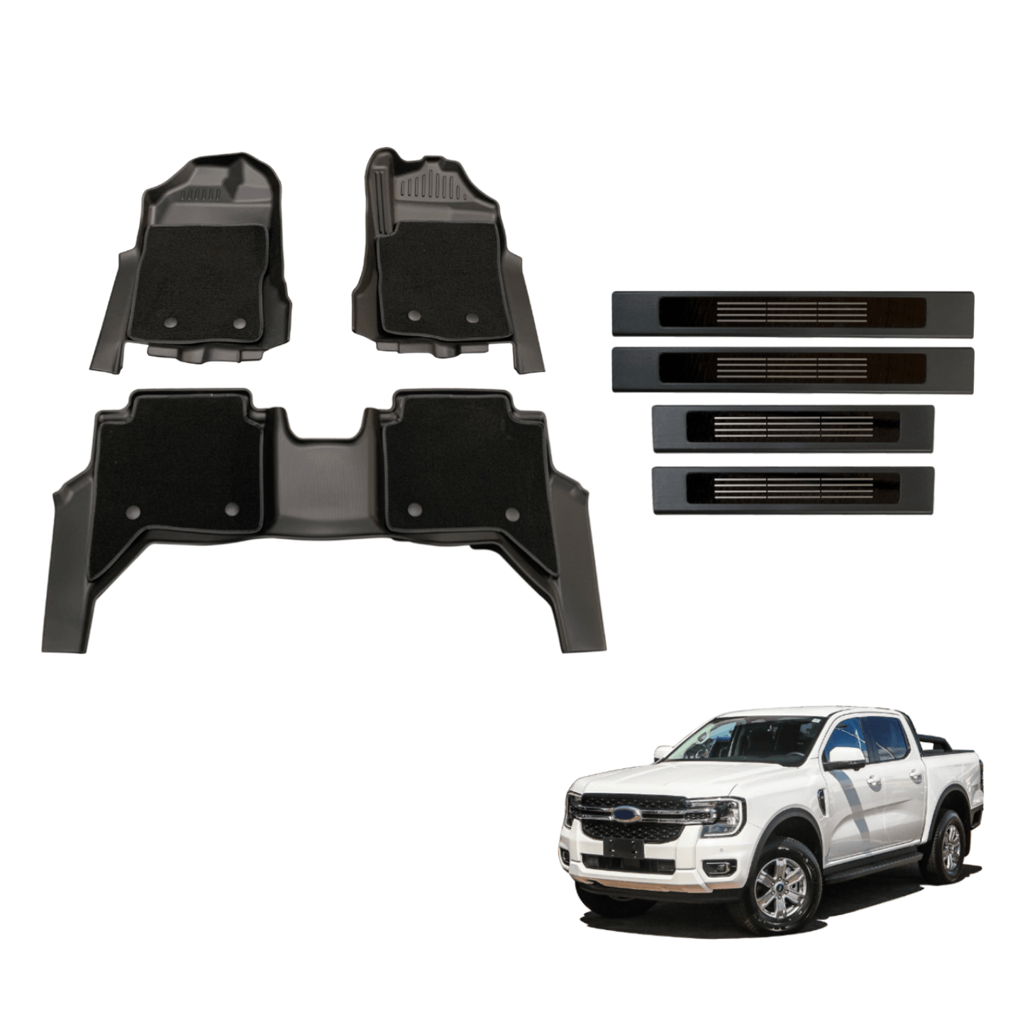 Double-Layer Car Floor Mats & Door Sills Protector for Ford Ranger Next-Gen Dual Cab 2022-Onwards