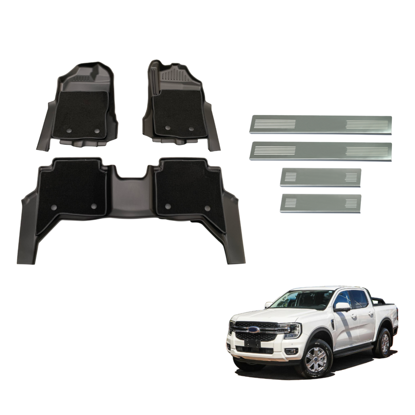 Double-Layer Car Floor Mats & Door Sills Protector for Ford Ranger Next-Gen Dual Cab 2022-Onwards