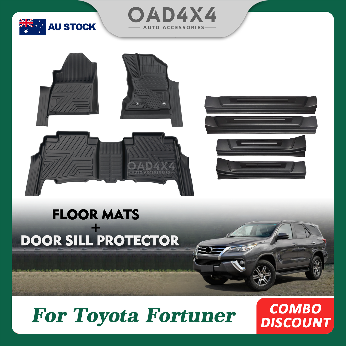 5D Car Floor Mats & Door Sills Protector for For Toyota Fortuner 2015-Onwards