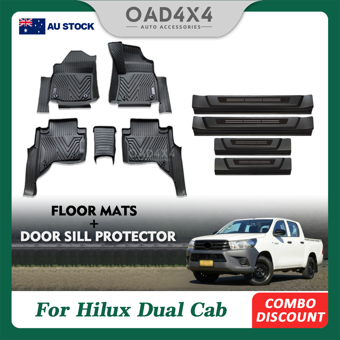 5D Car Floor Mats & Door Sills Protector for Toyota Hilux Auto Transmission Dual Cab 2015-2024