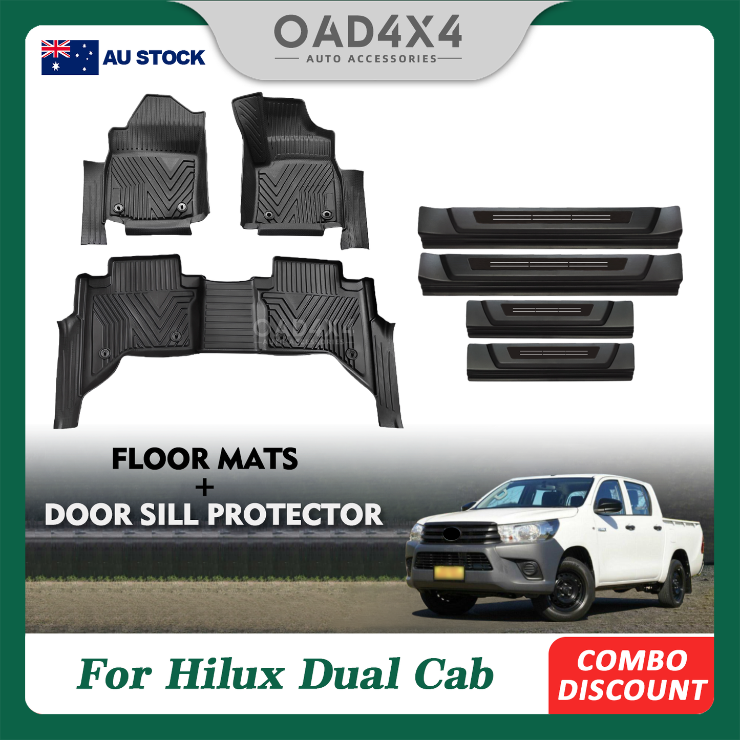 Pre-order 5D Car Floor Mats & Door Sills Protector for Toyota Hilux Auto Transmission Dual Cab 2015-2024