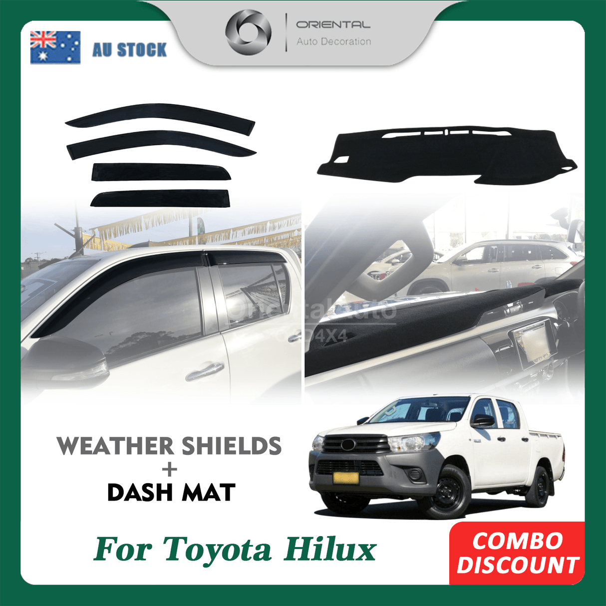 Injection Weather Shields & 3D Dash Mat Dashboard Cover for Toyota Hilux Revo 2015-Onwards Weathershields Window Visors