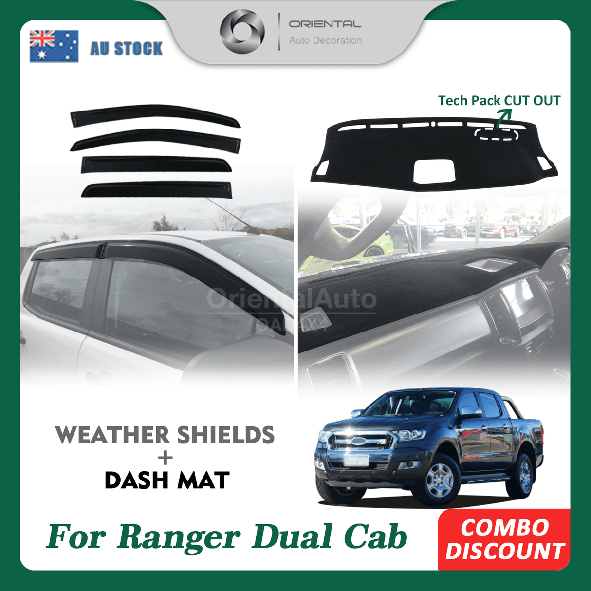 Injection Weather Shields & 3D Dash Mat For Ford Ranger XL/XLS/XLT/FX Dual Cab 2015-2022 Weathershields Window Visor + Dashboard Cover