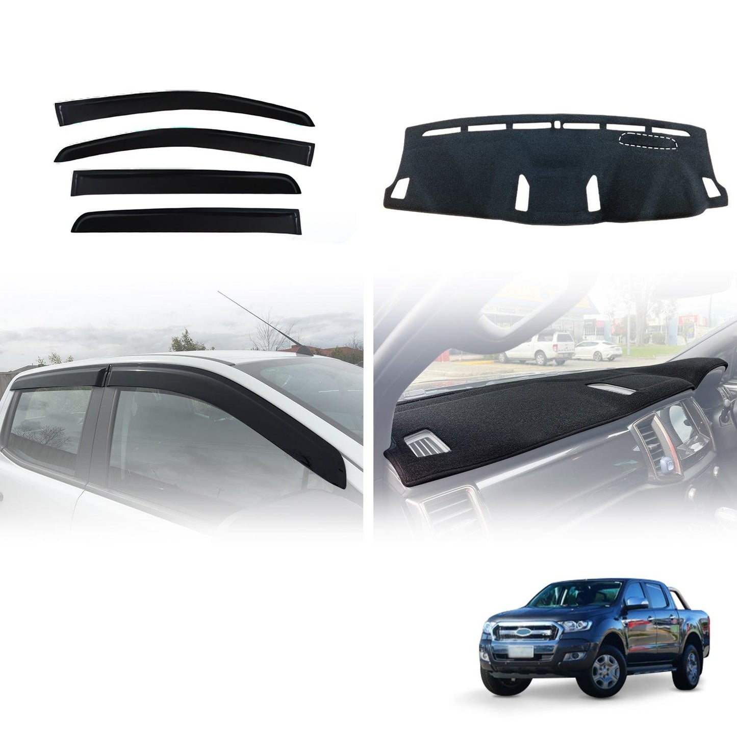 Pre-order Injection Weather Shields & 3D Dash Mat For Ford Ranger Wildtrack / Raptor Dual Cab 2015-2022 Weathershields Window Visors + Dashboard Cover