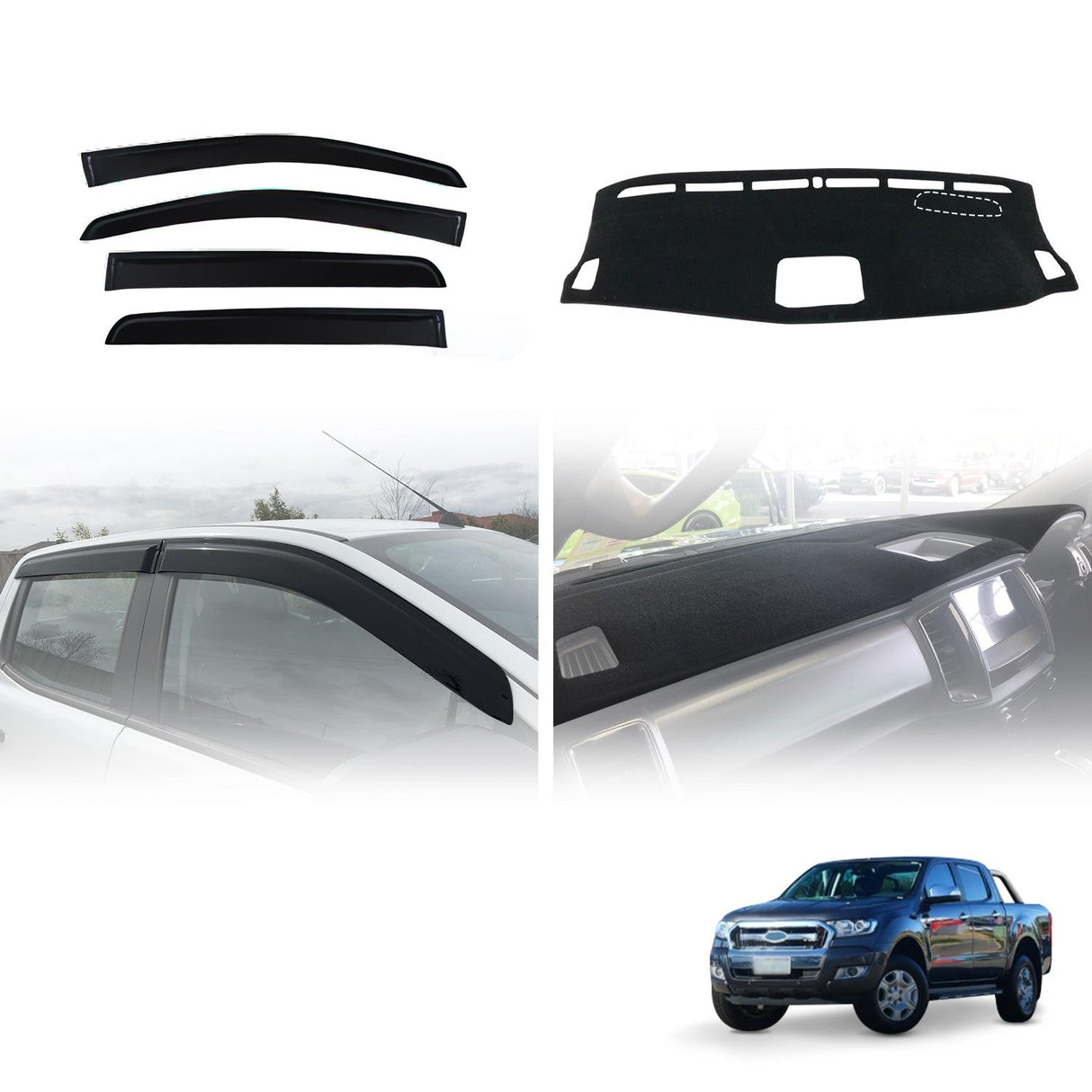 Injection Weather Shields & 3D Dash Mat For Ford Ranger XL/XLS/XLT/FX Dual Cab 2015-2022 Weathershields Window Visor + Dashboard Cover