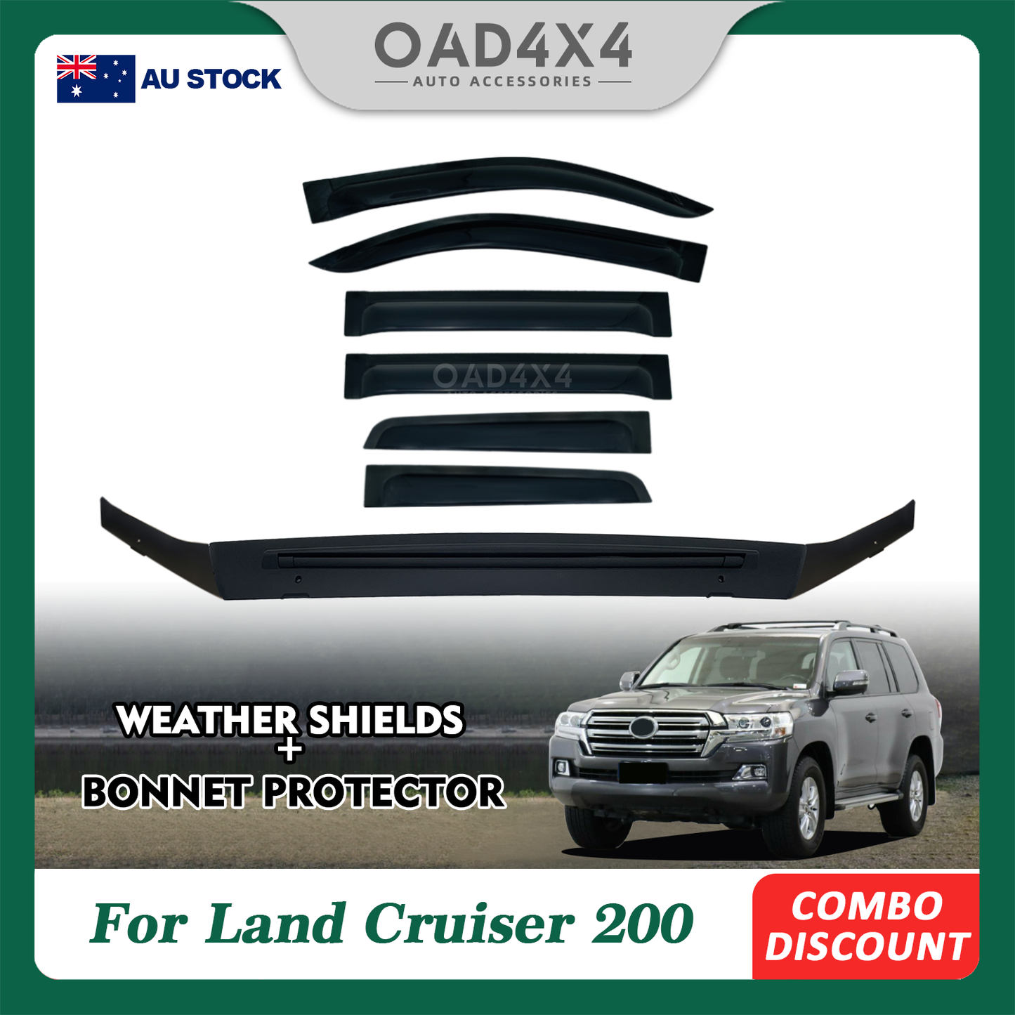 Bonnet Protector & Widened Luxury Weather Shields For Toyota Landcruiser 200 Series 2016-2021 6PCS